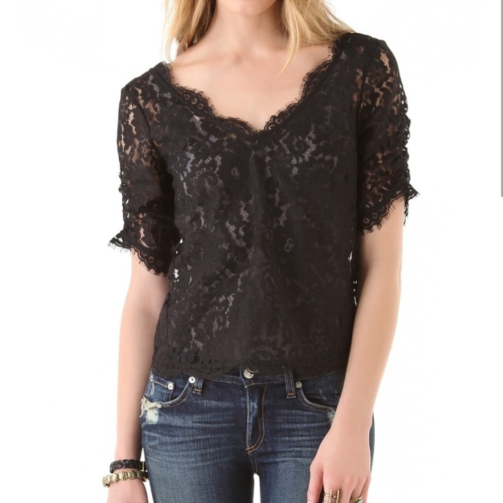 Joie Nevina Black Lace Scalloped Eyelash Trim Short Sleeve Top Blouse